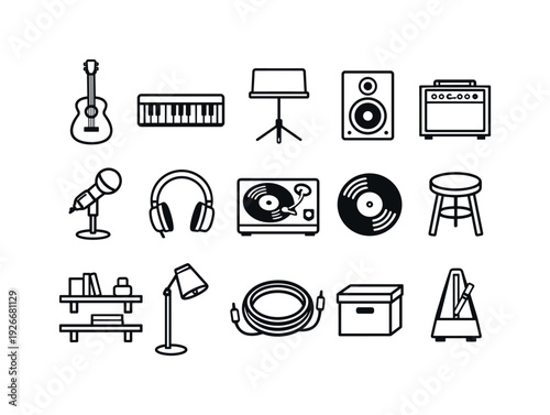Home music corner: acoustic guitar, keyboard piano, music stand, speaker, amplifier, microphone, headphone, vinyl player, vinyl record, stool, wall