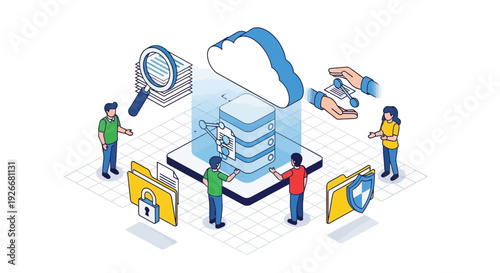 cloud data storage and security concept, people working together