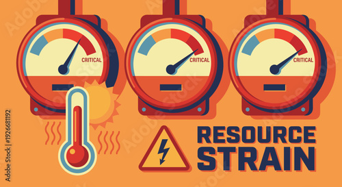 Three pressure gauges in the critical red zone with a hot thermometer illustrating the concept of resource strain and energy crisis in a vintage flat vector style