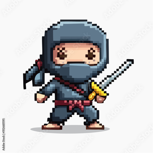 Ninja pixel art avec katana – personnage rétro style jeu vidéo