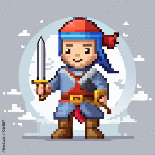 Chevalier en pixel art avec épée – personnage rétro 8‑bits