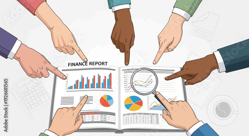 team analyzing finance report, business meeting, data analysis