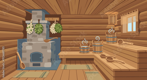 Traditional wooden sauna interior illustration with a stone stove, benches, steaming water buckets, and birch brooms. Cozy rustic banya steam room for wellness and relaxation
