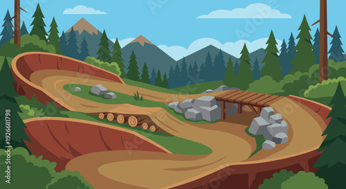 Winding dirt bike trail with a wooden bridge, log obstacles, and rock features set in a beautiful mountain forest under a blue sky