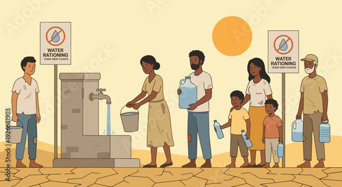 Diverse group of people queuing for water at a public tap during a drought, with signs indicating water rationing in a hot, arid landscape with cracked earth