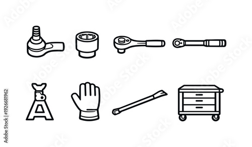 Car tie rod end replacement tools: tie rod end, socket wrench, ratchet, torque wrench, jack stand, protective glove, pry bar, tool cart