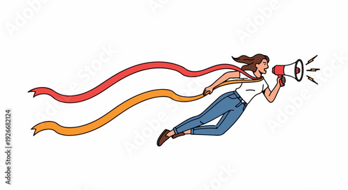 A woman with brown hair wearing a white shirt and blue jeans jumps while holding a megaphone with red and orange ribbons flowing behind her against a white background.