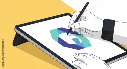 A person's hands holding a stylus and drawing a graphic illustration on a digital tablet with a vibrant logo design