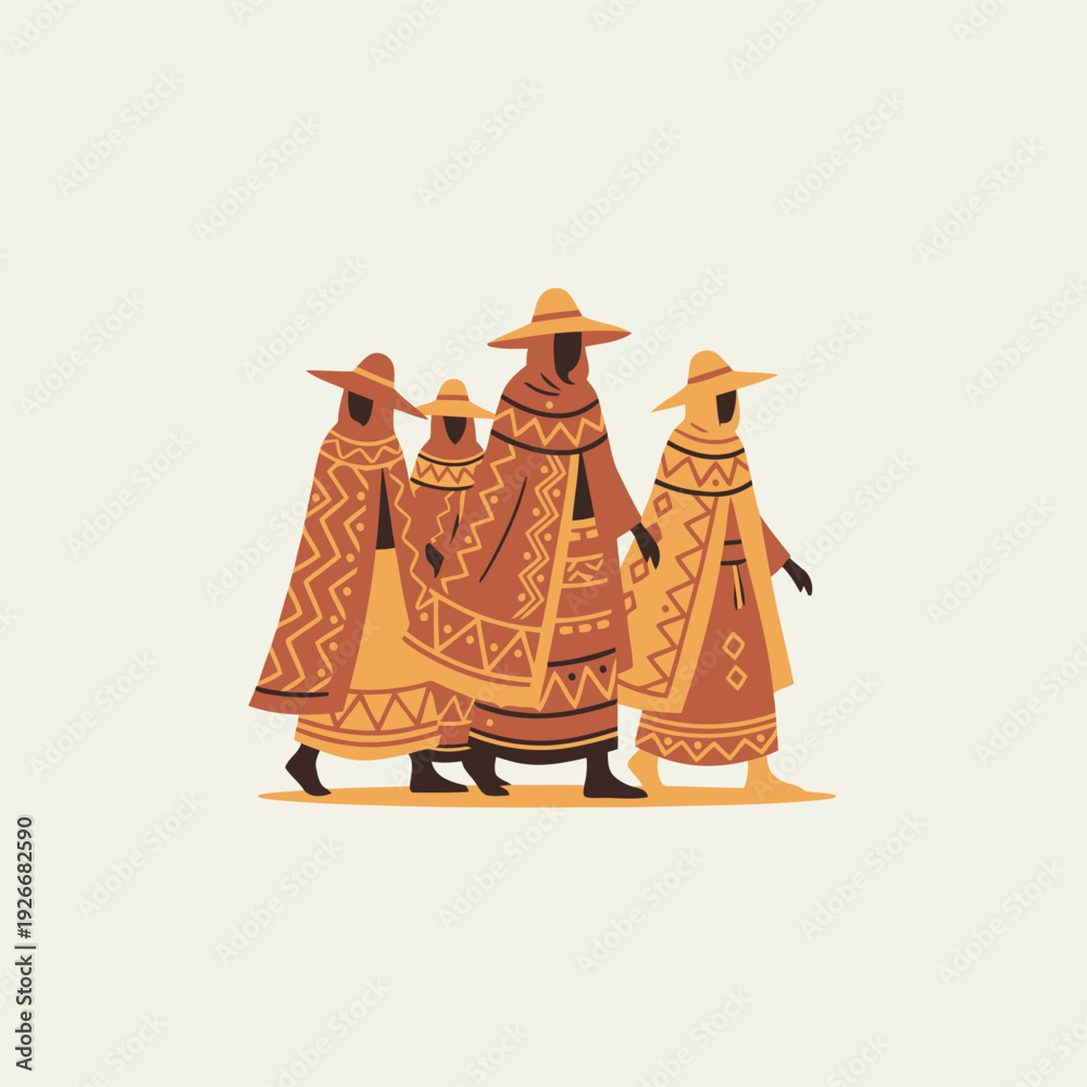 Naklejka premium Cultural Ensemble: A group of figures, adorned in traditional attire and headwear, walk in unison, embodying cultural heritage and communal identity. 
