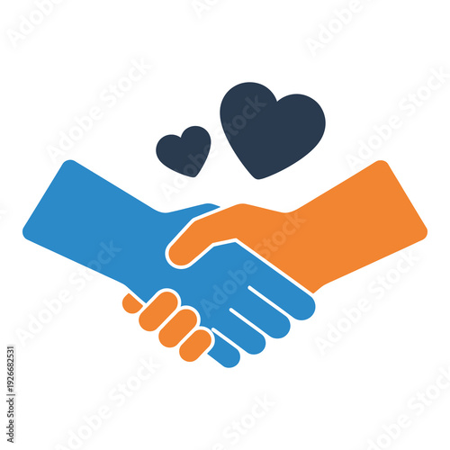Handshake with two hearts symbolizing friendship and partnership agreement icon