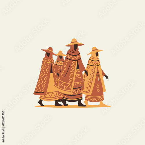 Cultural Ensemble: A group of figures, adorned in traditional attire and headwear, walk in unison, embodying cultural heritage and communal identity. 