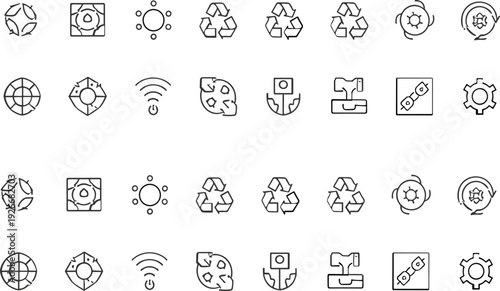 Modern Thin Line Sustainability and Ecology Icons Set with Recycling, Energy, Environment and Technology Symbols