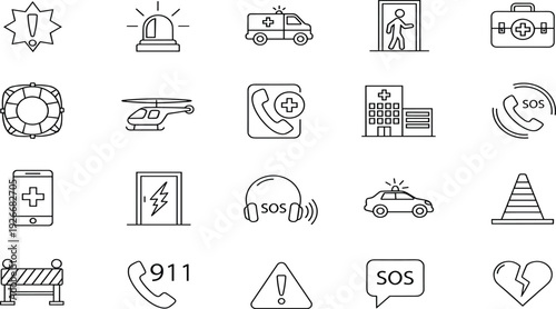 Eco friendly net zero icons set featuring recycling waste management social charity heart symbols and emergency medical rescue services icons