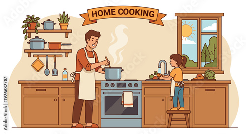 Happy father and his young daughter cooking a healthy meal together in a cozy kitchen, the man stirs a pot while the girl washes vegetables, illustrating a wholesome family activity