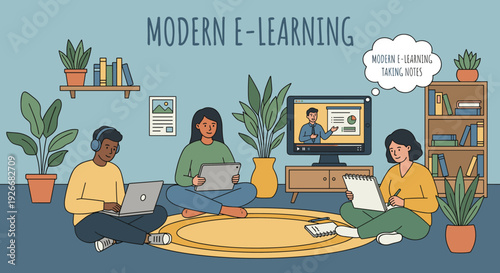 Diverse group of young students learning online together in a cozy room, using laptops and tablets while watching a webinar and taking notes in a modern flat illustration style