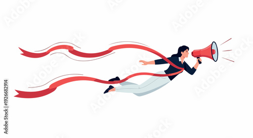 Illustration of a businessperson flying through the air while holding a megaphone with flowing red ribbons, set against a clean white background with a dynamic and energetic mood.