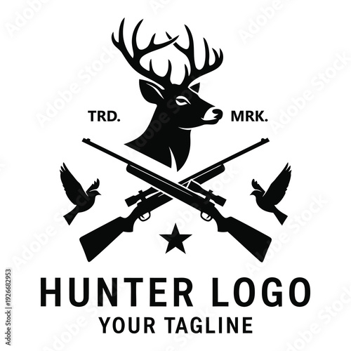 Hunter logo with deer head and crossed rifles and birds  hunting emblem icon
