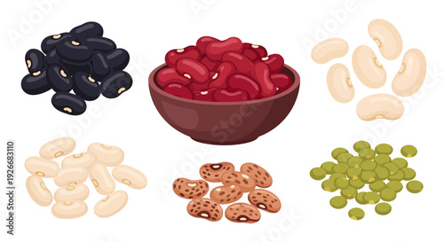 Variety of colorful beans displayed in separate piles and a bowl