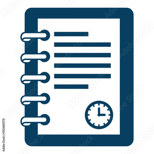Icon of a spiral bound notebook with a clock on the bottom right corner icon