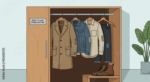 Durable patched men's clothing hanging inside a minimalist wooden wardrobe illustrating a sustainable capsule collection and slow fashion concept