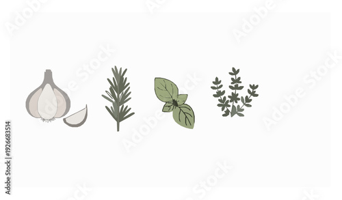 Minimalist Herb and Spice Icon Set with Garlic and Basil