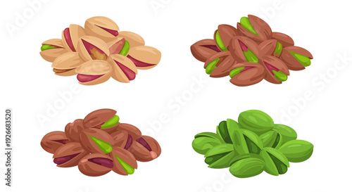 Four piles of pistachios with varying shell colors and open nuts