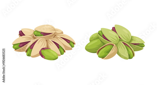 Two piles of shelled and unshelled pistachios against a white background
