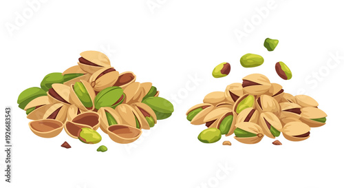 Piles of pistachios shelled and unshelled nuts in a cartoon style