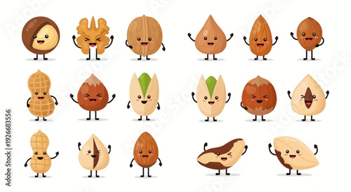 Cute cartoon nuts and seeds characters with smiling faces displayed together