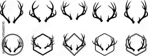 Deer antlers logo vector set with hunting trophy horns in badge frames for wildlife emblem rustic branding and outdoor design.