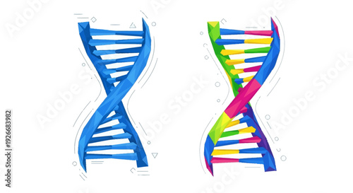 Colorful illustration of a double helix dna structure with geometric shapes