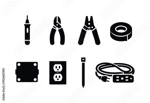 Home electrical repair essentials: voltage tester, wire cutter, wire stripper, electrical tape roll, junction box, outlet cover, cable tie, extension