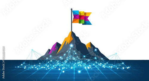 A colorful flag waves atop a mountain of connected data points