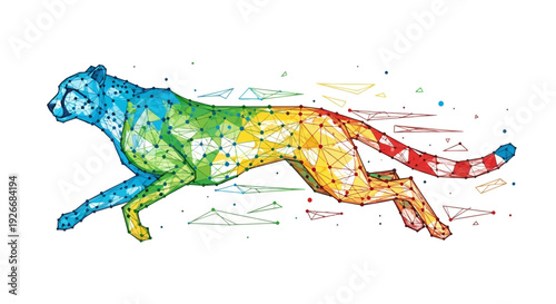 A colorful polygonal cheetah running swiftly across a white background