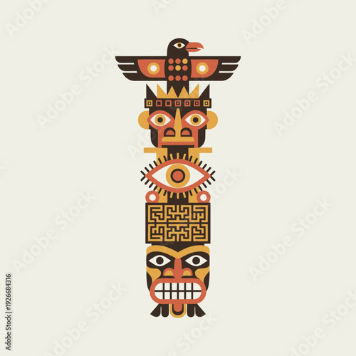 Mystical Totem Pole: A vibrantly illustrated totem pole stands tall, its stylized carvings telling stories of the past with a unique design, and evoking a sense of history and indigenous culture.