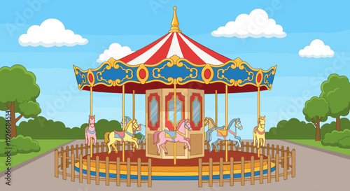 Colorful cartoon carousel with horse figures stands in a summer park on a sunny day, creating a cheerful and nostalgic scene for children's entertainment and fun