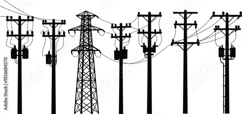 Electric utility poles and transmission tower connected by power lines, showcasing infrastructure of electricity distribution network across hilly landscape illustration