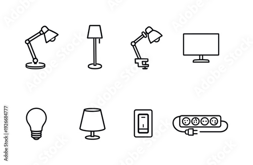Professional office desk lighting: desk lamp, floor lamp, clamp lamp, led panel, light bulb, lampshade, power switch, extension cord