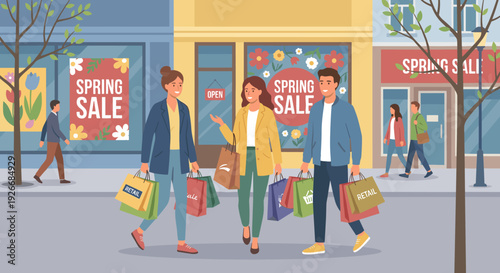Happy group of young friends carrying colorful shopping bags walk along a city street during a seasonal sale, with store windows in the background