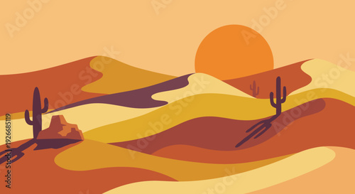Minimalist desert landscape illustration with sand dunes, saguaro cacti, and a large sun during a warm, colorful sunset, created in a flat vector style with a panoramic view