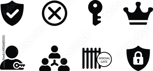 A collection of black glyph icons depicts security access identity and royalty arranged in a grid high-quality professional detailed modern elegant stylish clean crisp vibrant