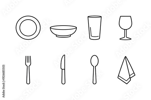 Home dining tableware: dinner plate, soup bowl, drinking glass, wine glass, fork, knife, spoon, cloth napkin