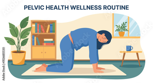 Woman in blue pajamas performing a pelvic tilt exercise on a mat in a cozy room as part of her daily pelvic health and wellness routine