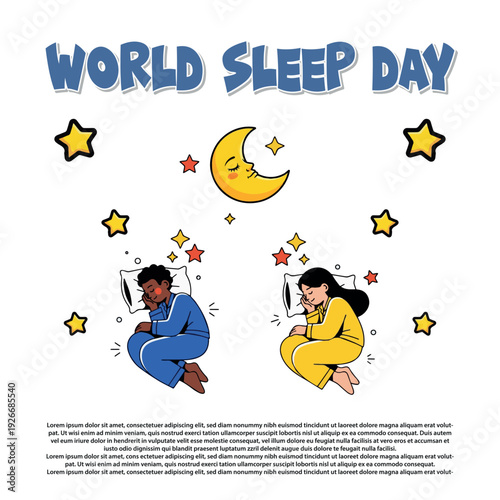 World Sleep Day celebration with people sleeping under a starry sky and moon