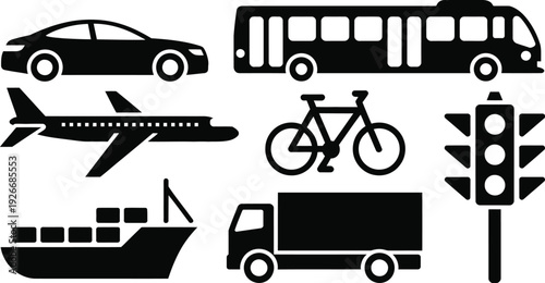 A collection of black silhouettes depicts various modes of transportation including cars planes ships and bicycles high-quality professional detailed modern elegant stylish clean crisp vibrant