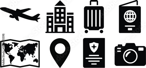 Travel and tourism icons set featuring airplane hotel building suitcase luggage passport world map location pin insurance document and digital camera