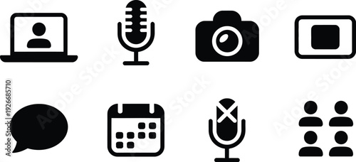 A collection of black silhouette icons depicting various communication and media technologies including laptops microphones and cameras high-quality professional detailed modern elegant stylish clean 