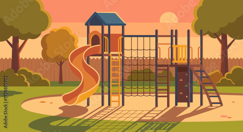 Colorful children's playground structure with a slide and climbing net standing empty in a park during a warm, peaceful sunset, depicted in a flat vector illustration style