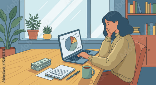 Focused young woman in a sweater working on her laptop at a wooden desk, analyzing a financial pie chart and managing monthly expenses in her cozy home office illustration