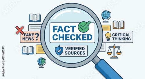 Large magnifying glass focusing on fact-checked and verified sources, surrounded by icons representing critical thinking, knowledge, and the rejection of fake news